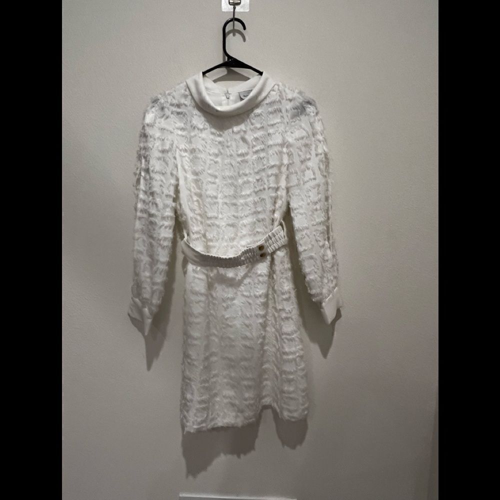 iRoo Textured long sleeve white dress with Belt size 36